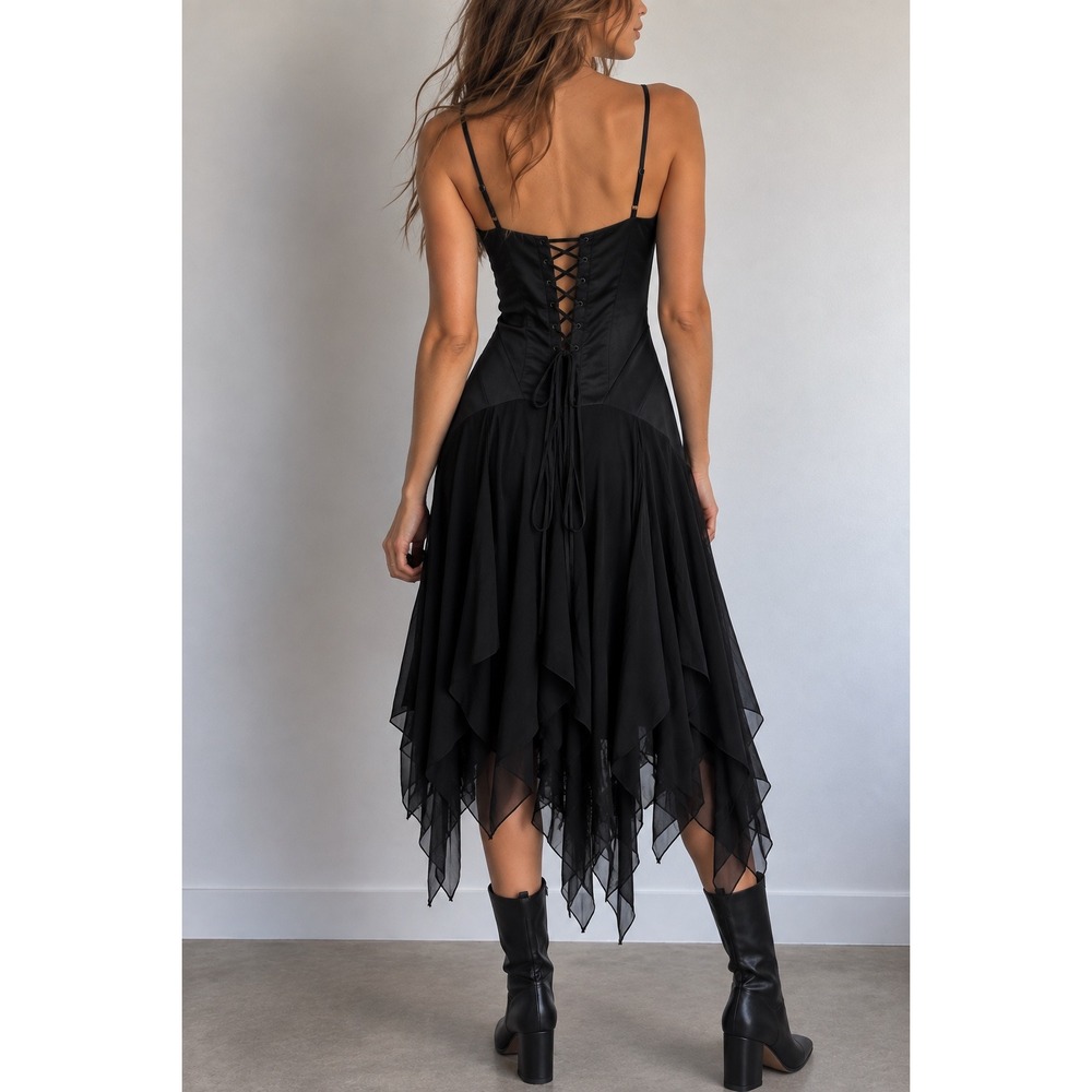 BCBGMAXAZRIA Black Silk Contrast Corset Dress Lace Up Size 4 Goth Whimsigoth